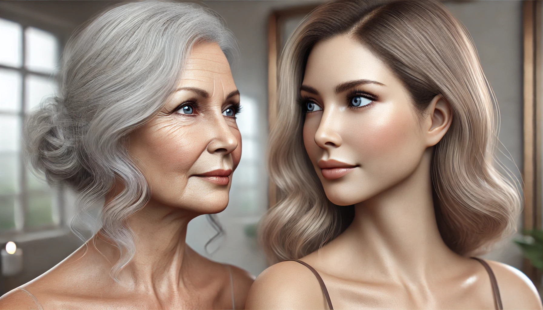 An elderly woman with silver-gray hair and gentle wrinkles shares a warm, engaging moment with a younger woman with flawless skin, both reflecting natural beauty and a deep connection in a softly lit setting.