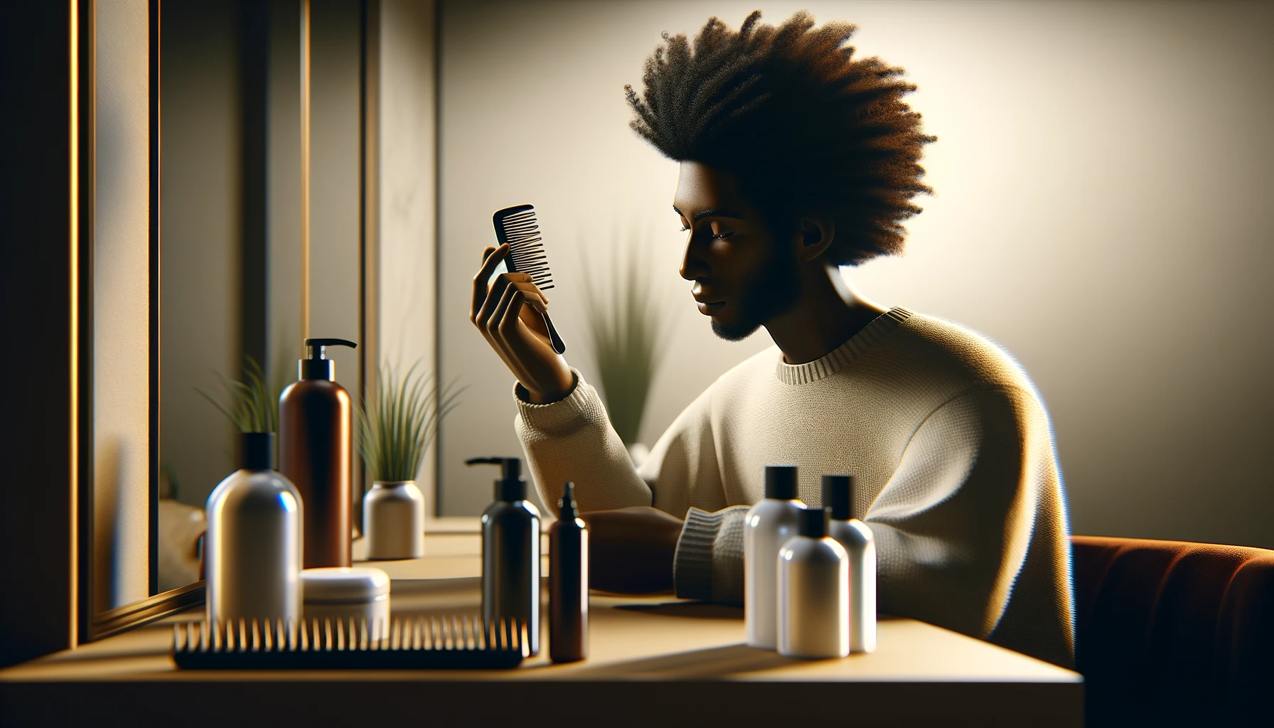 A person of African descent with coily hair sitting at a vanity, applying a deep conditioning treatment to their hair.