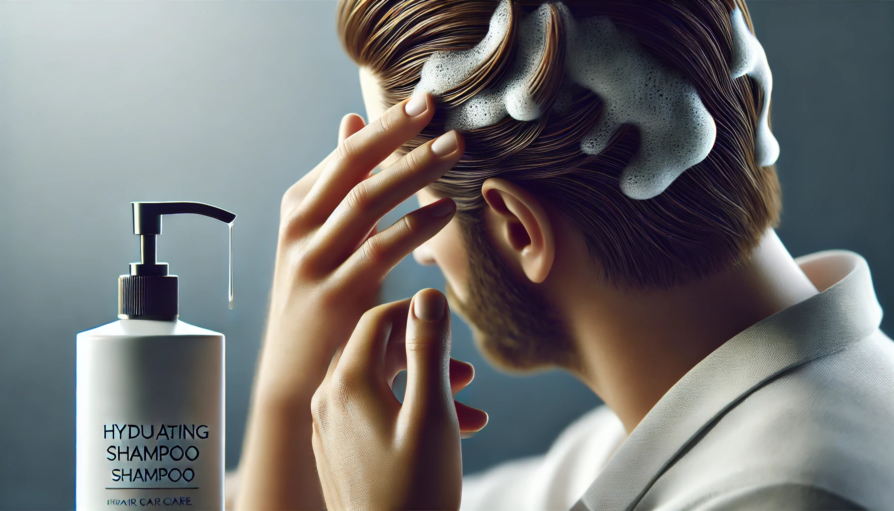 A person applying hydrating shampoo to their hair, focusing on gently massaging the scalp with fingertips.