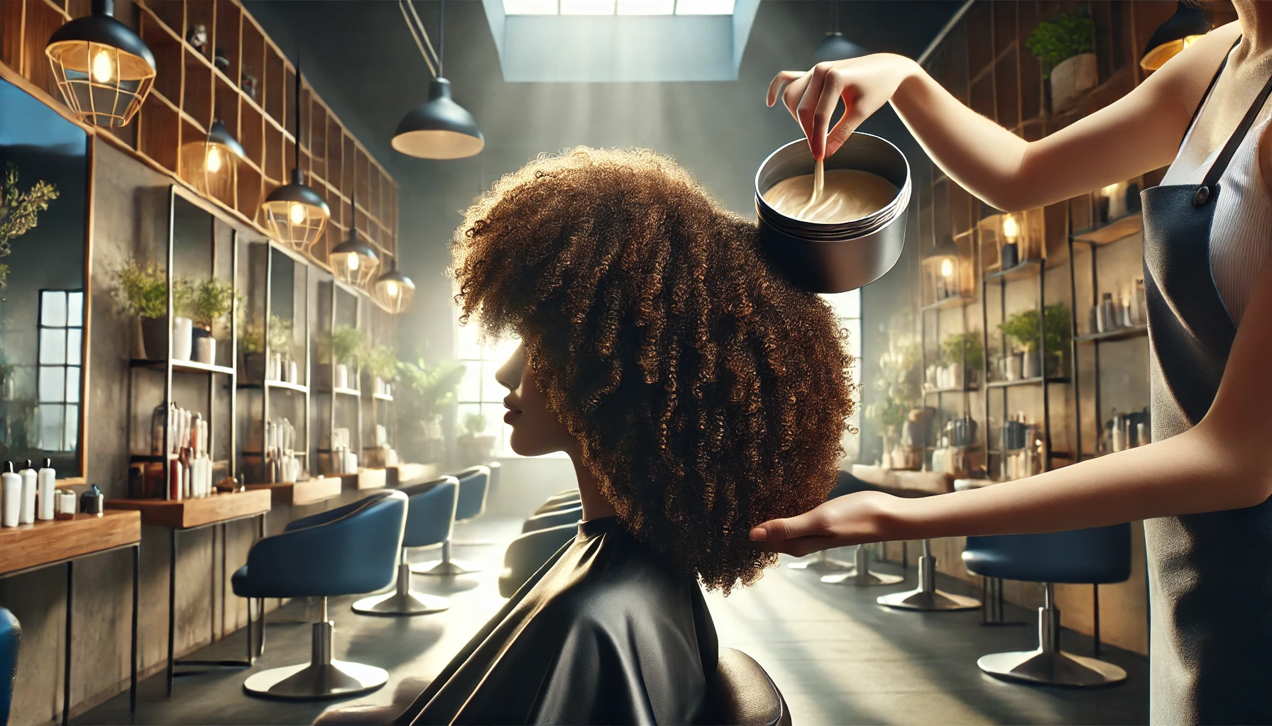 A person of African descent receiving a deep conditioning treatment at a stylish hair salon. The focus is on their radiant, well-maintained curls being rejuvenated by the treatment.