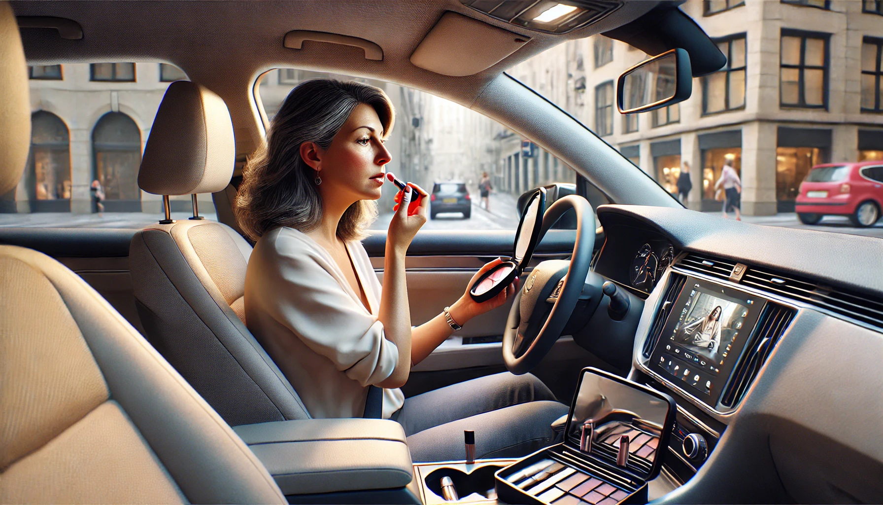 A middle-aged woman sits in the driver's seat of her car, using the rearview mirror to apply lipstick, with a makeup bag on the passenger seat and a bustling street visible outside the window.