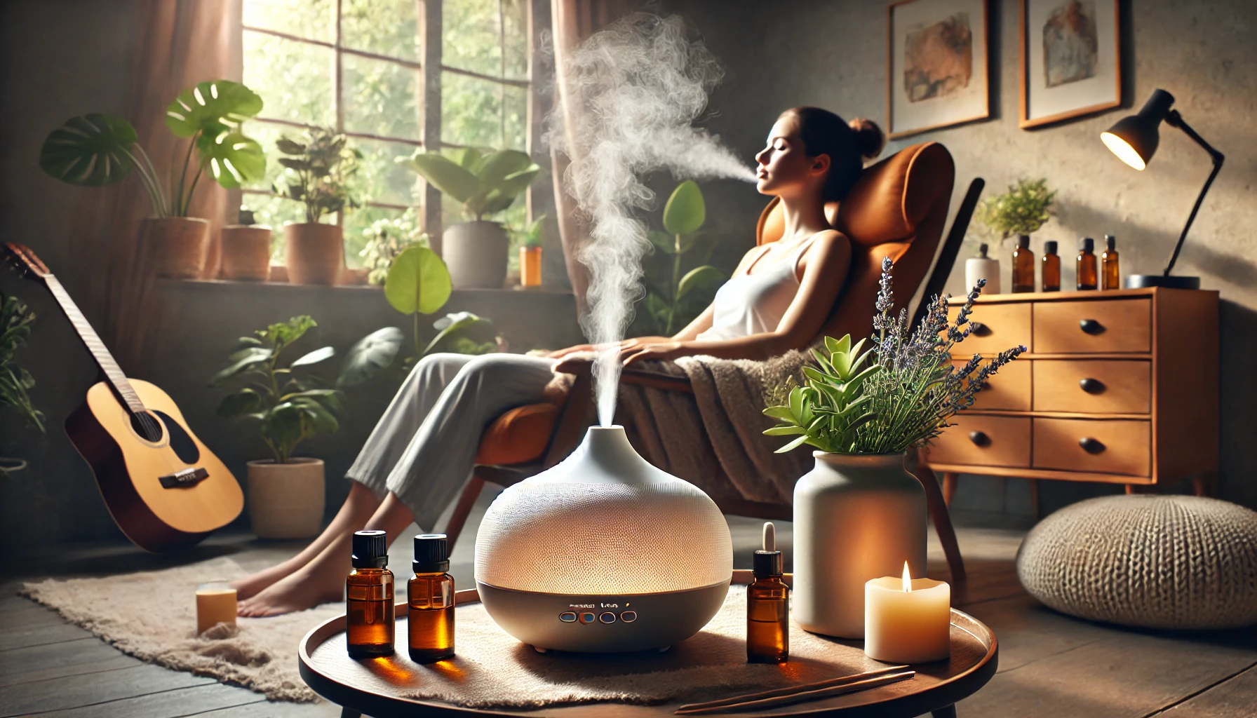 A peaceful home setting with a focus on aromatherapy for mental wellness. The scene includes a diffuser emitting a gentle mist of essential oils, with bottles of lavender and bergamot oils visible.