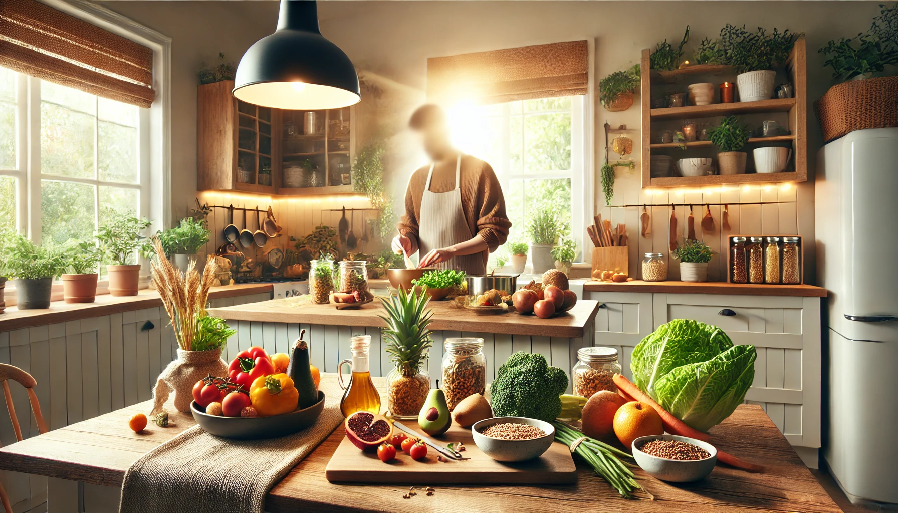 A cozy and inviting home kitchen scene focused on healthy nutrition. The image shows a person preparing a nutritious meal with a variety of whole foods like fruits, vegetables, and grains.