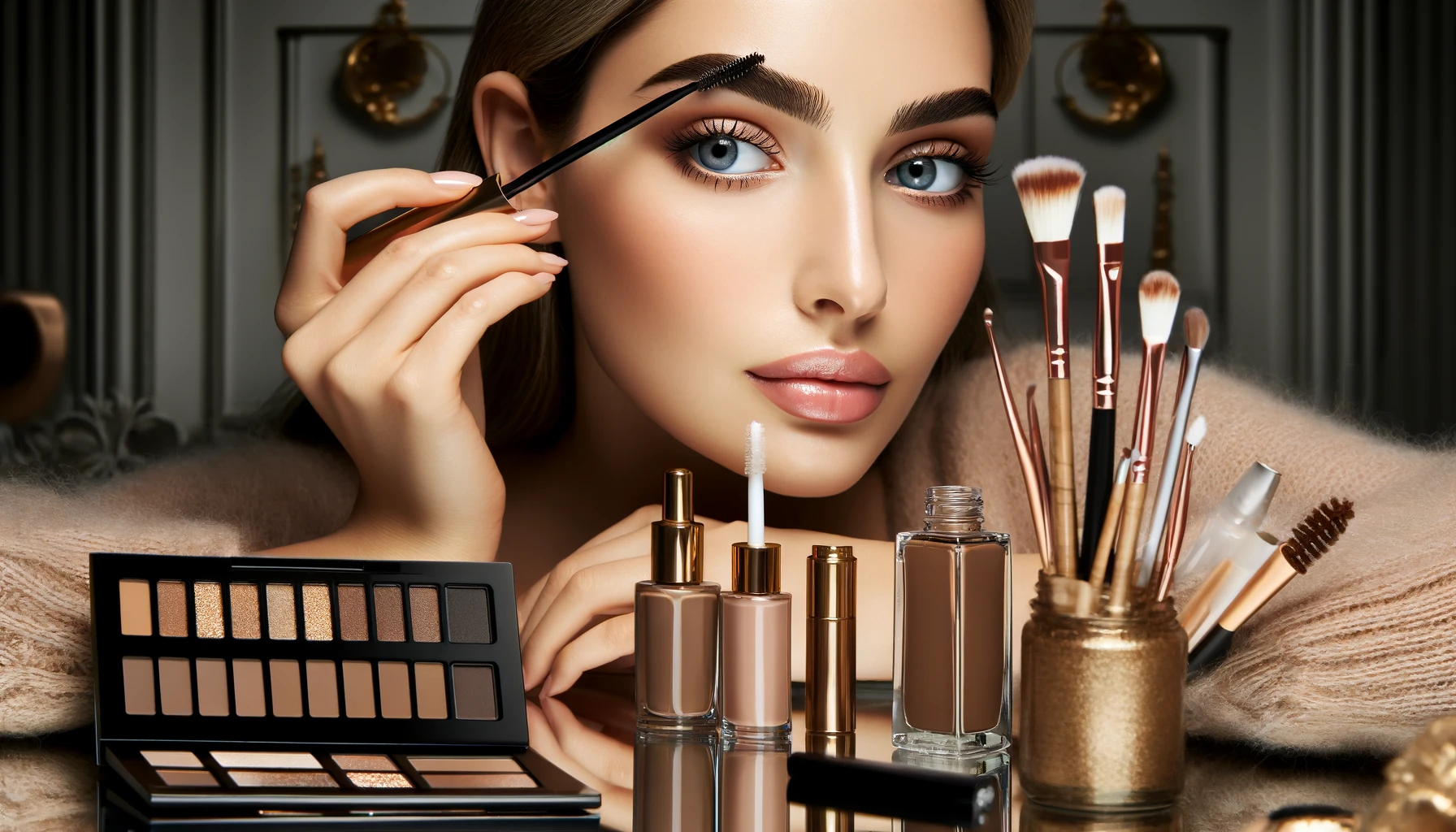A stylish beauty scene focusing on the trend of soft, natural brows in 2024. The setting includes a close-up of a person using a tinted brow gel to enhance their eyebrows gently, emphasizing a natural, fuller look.