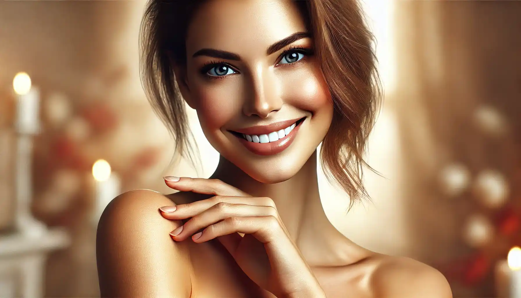 A modern woman with a bright smile, embracing natural beauty. She has minimal makeup, glowing skin, and naturally styled hair. 