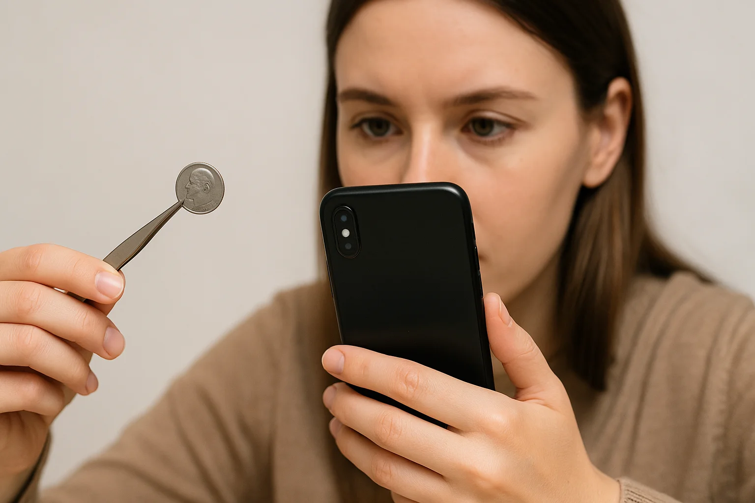 A young woman holds a small silver coin with tweezers and photographs it with her smartphone while documenting her collection.