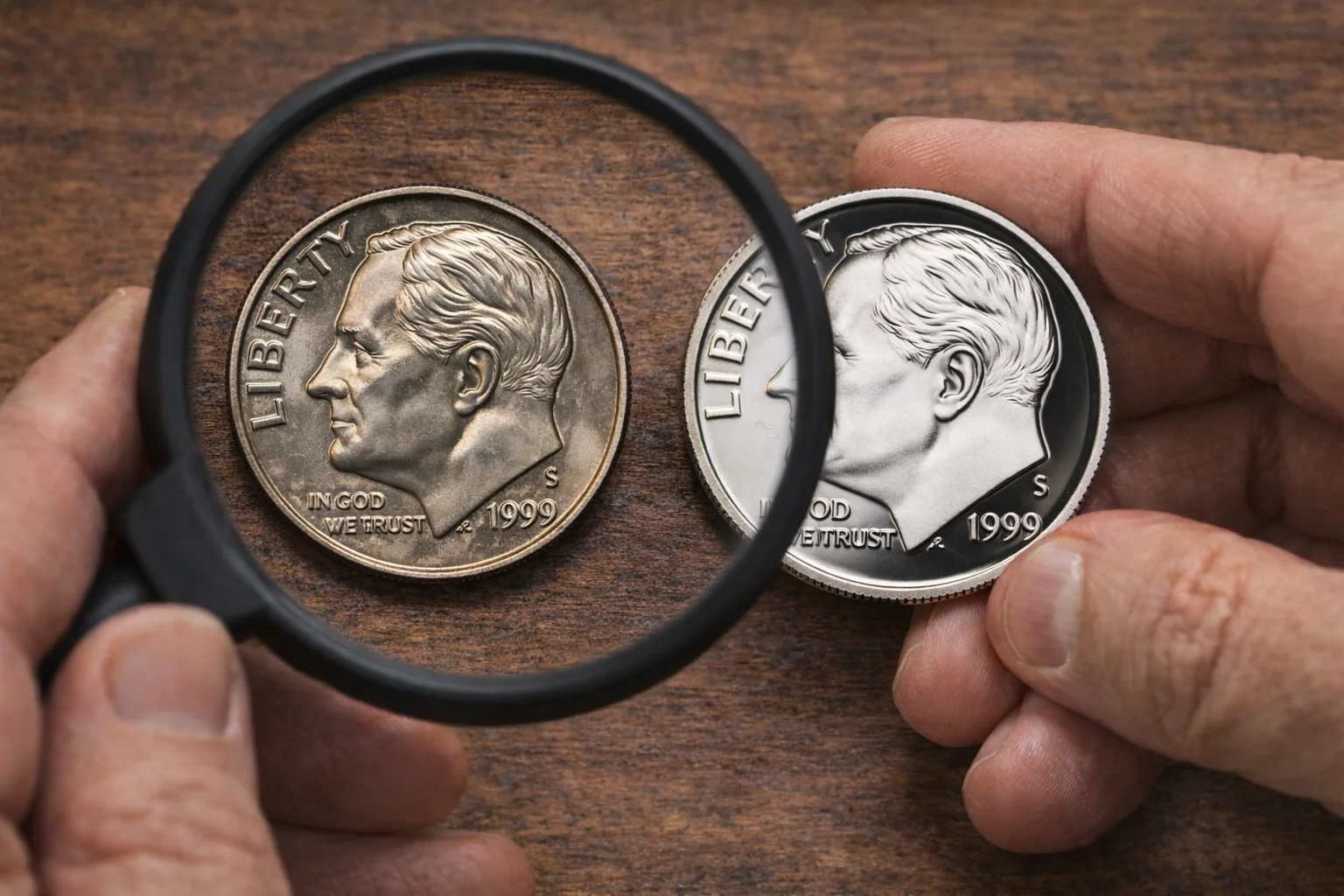 Collector compares a 1999 clad dime and a 1999 silver proof dime under magnification